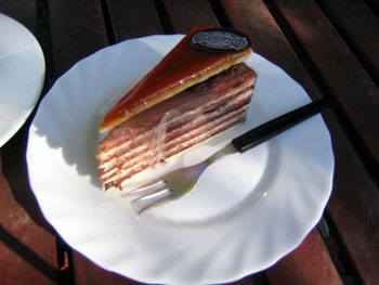 a slice of dobos torte on a plate