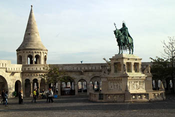 one of the turrets of the bastion and the bronze equestrian statue of king Stephen