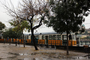 yellow tram 2 at Eötvös Square, Danube Promenade