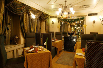 rustic interior of the restaurant illuminated at night