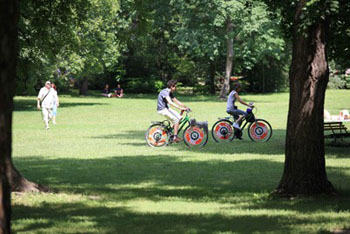 two cyclists in the park on Margaret Island