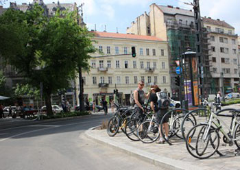 bikers parking their bikes on Károly körút - biking in budapest