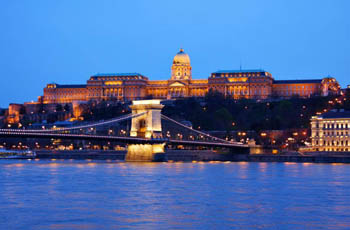 Buda Castle and the Buda end of the Chain bridge at the blue hour