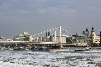 winter cityscape:Elizabeth bridge and ice flow on the danube