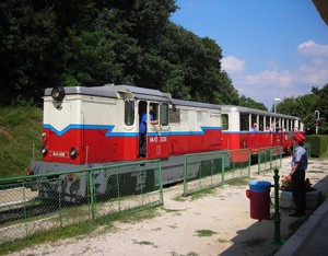 the white blue and red Children's Railway train in the Buda Hills
