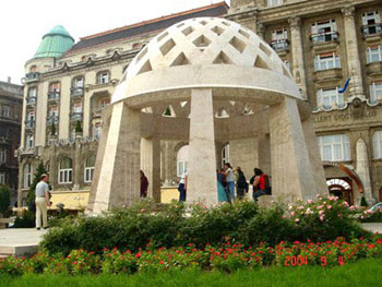 the domed drinking fountain in front of the Gellért Hotel and Bath