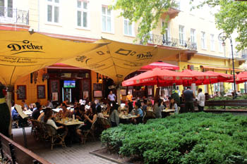 tented terrace cafes on the square