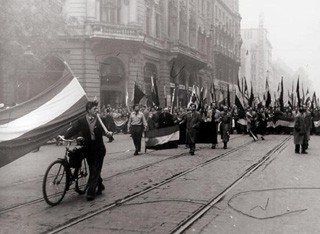 people on the streets during the Hungarian Revolution of 1956, October