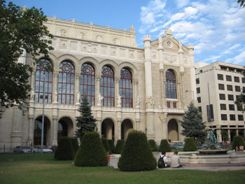 The front view the Vigadó hall in Pest on a bright sunny day