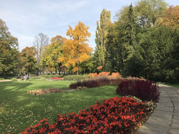 flower beds, autumn coloured trees at the edge of a large green field