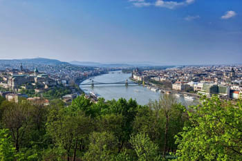 birds eye view of the Danube, Buda and Pest on a summer day