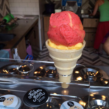 raspberry and vanilla ice crean in a cone , Kedveskrem gelateria