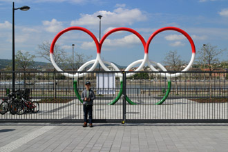 The five Olympic rings monument in Olimpia park