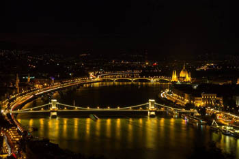 panoramic view of the Danube and the Chain bridge at night