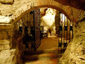 the vaulted entrance tot he stone cellar with black wrought iron gates
