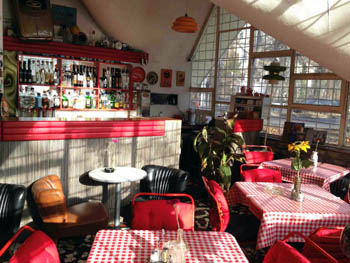 red-white checkered tables inside the bistro