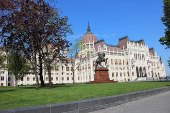 the Parliament and the Rakoczi statue on a clear sunny day