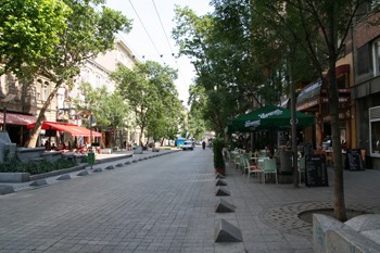 tree-lined street with terraced cafes