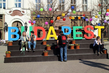 Budapest captioned from colorful letters in front of the Gerbeaud cafe