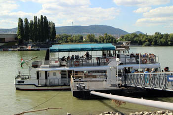 green and white public boat tour in a port on the Danube