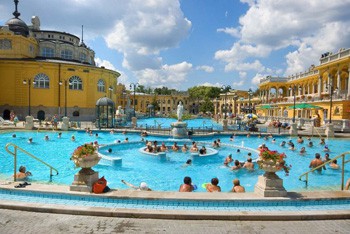 bathers in Szechenyi spa's outdoor pools