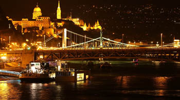view of Elizabeth bridge and Buda Castle illuminated at night