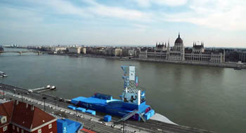 diving tower at the Danube bank, the Parliament in Pest on the other sid eof the river