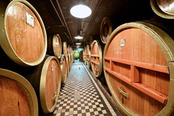 huge oak barrels on a checkered tiled corridor