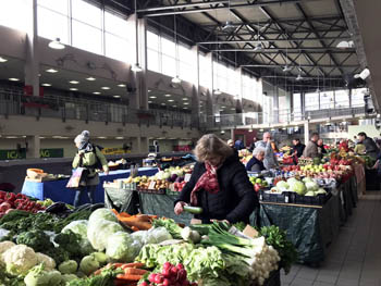 an elderly lady buying veggies in the covered market hall at fehervari ut