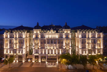 Corinthia Hotel Budapest illuminated at night 