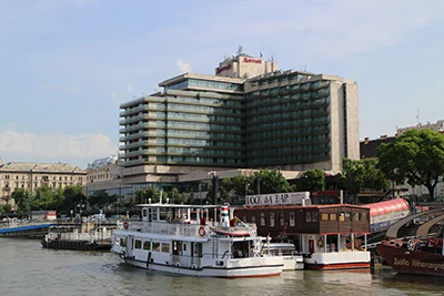 the Marriott Budapest from a boat on the Danube