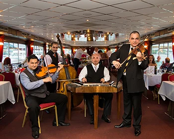 photo of the 5-member Gypsy orchestra giving a concert on cruise in Budapest