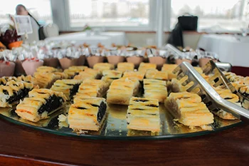 a selection of strudel slices on a round glass tray on budapest cruise with lunch