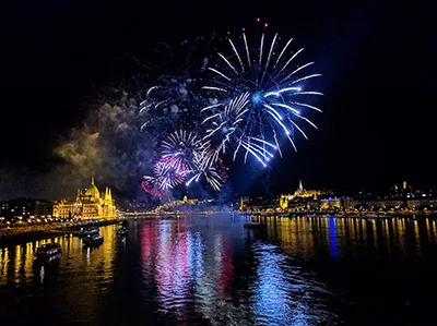 colourful fireworks show over the Danube at night in Budapest on August 20.