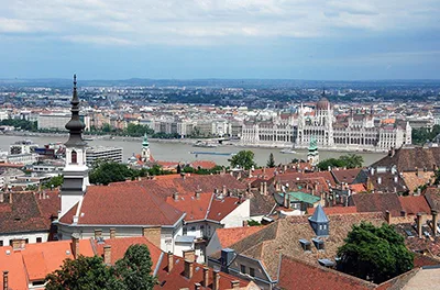 rooftops, buildings, churches in Buda and Pest with the Danube in between