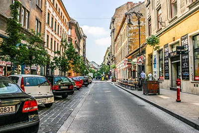 view of Kazinczy Street on a slightly cloudy morning