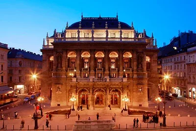 The Hungarian Opera house at the blue hour in the evening, front view