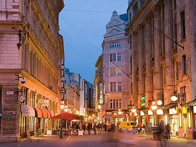 View of Vaci Street in Budapest, lighted up on a summer evening