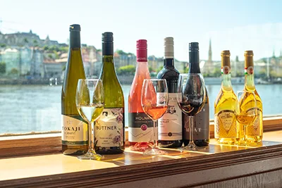 7 bottles of various Hungarian wines placed in front of the panorama window of a Budapest cruise ship