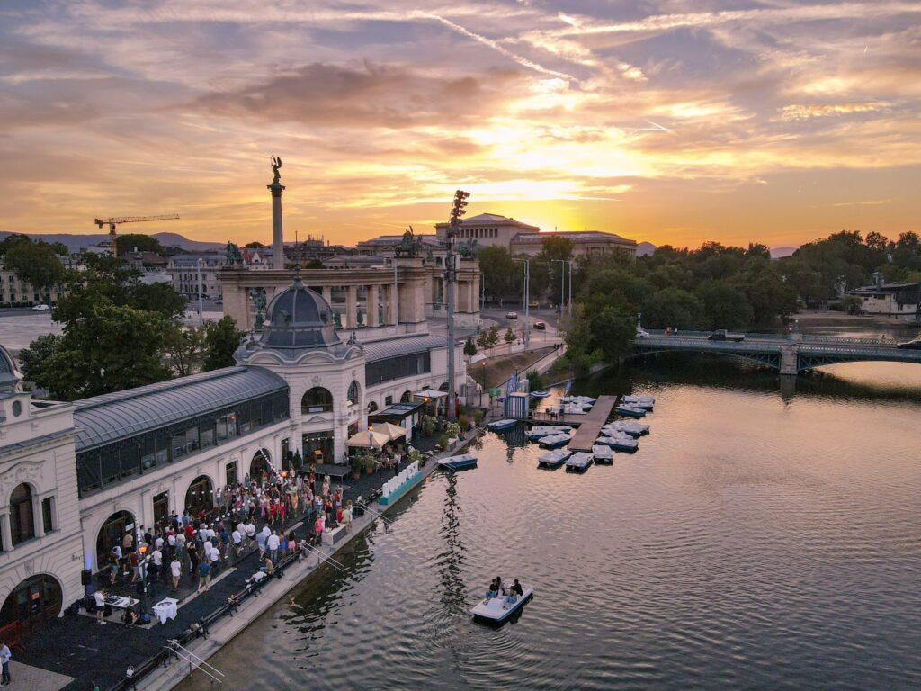 The lake in City Park Budapest, at sunset