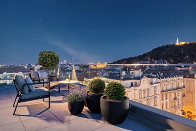 night view of Budapest, msinlx the Gellért Hill from the rooftop terrace of the Duchess bar