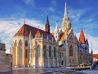 side view of Matthias Church in Buda Castle, on a very clear sunny morning.