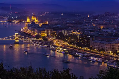 aerial view of Budapest city centre with the Danube and the bridges at night