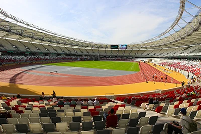 inside the Athletic Stadium in Budapest: the race course and the seating area can be seen on a summer day