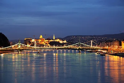 view of the Danube and the bridges in Budapest at the blue hour