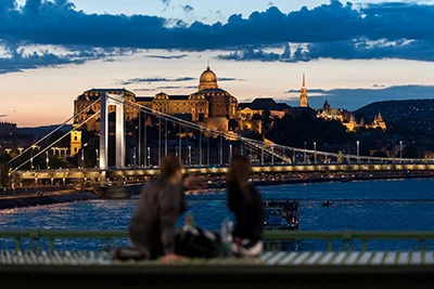 view of Buda Castle and Elizabeth Bridge after sunset