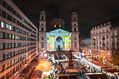 Christmas in Budapest - bird's eye view of the festive market at the Basilica at night