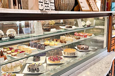 glass cake counter in Gerbeaud