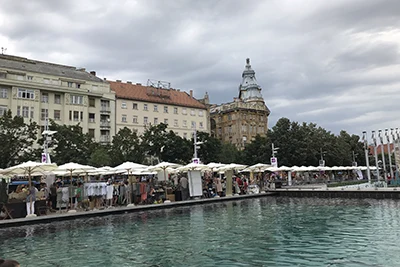 an open air market on Erzsébet Square Budapest on a cloudy day