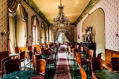 the classic vintage interior of the Gerbaud cafe's salon